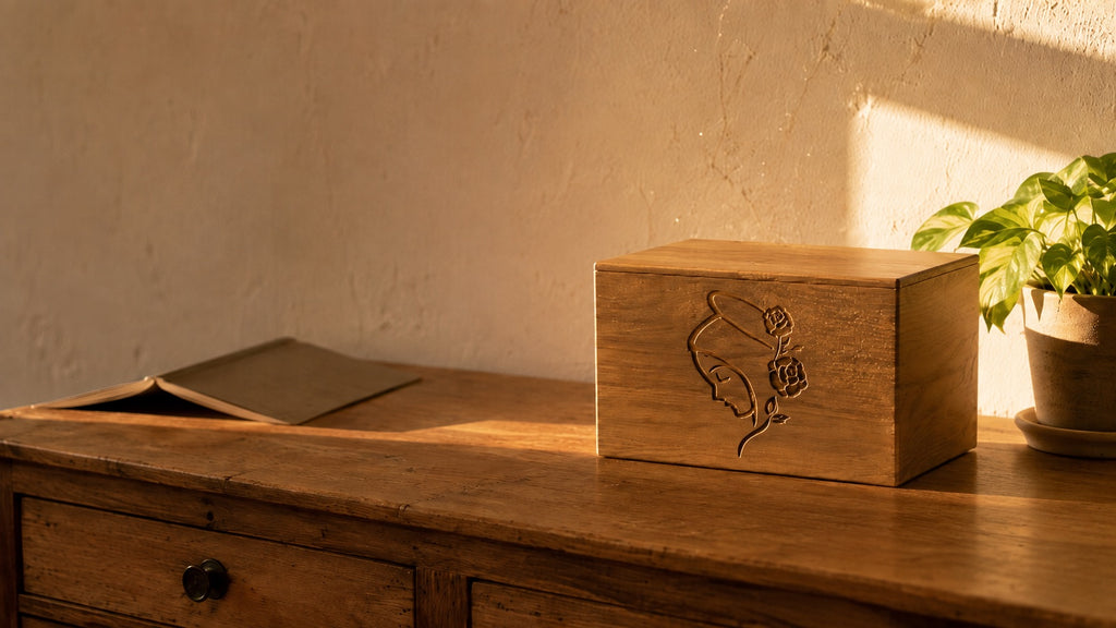 Amore Eterno Italian oak cremation urn in warm evening light