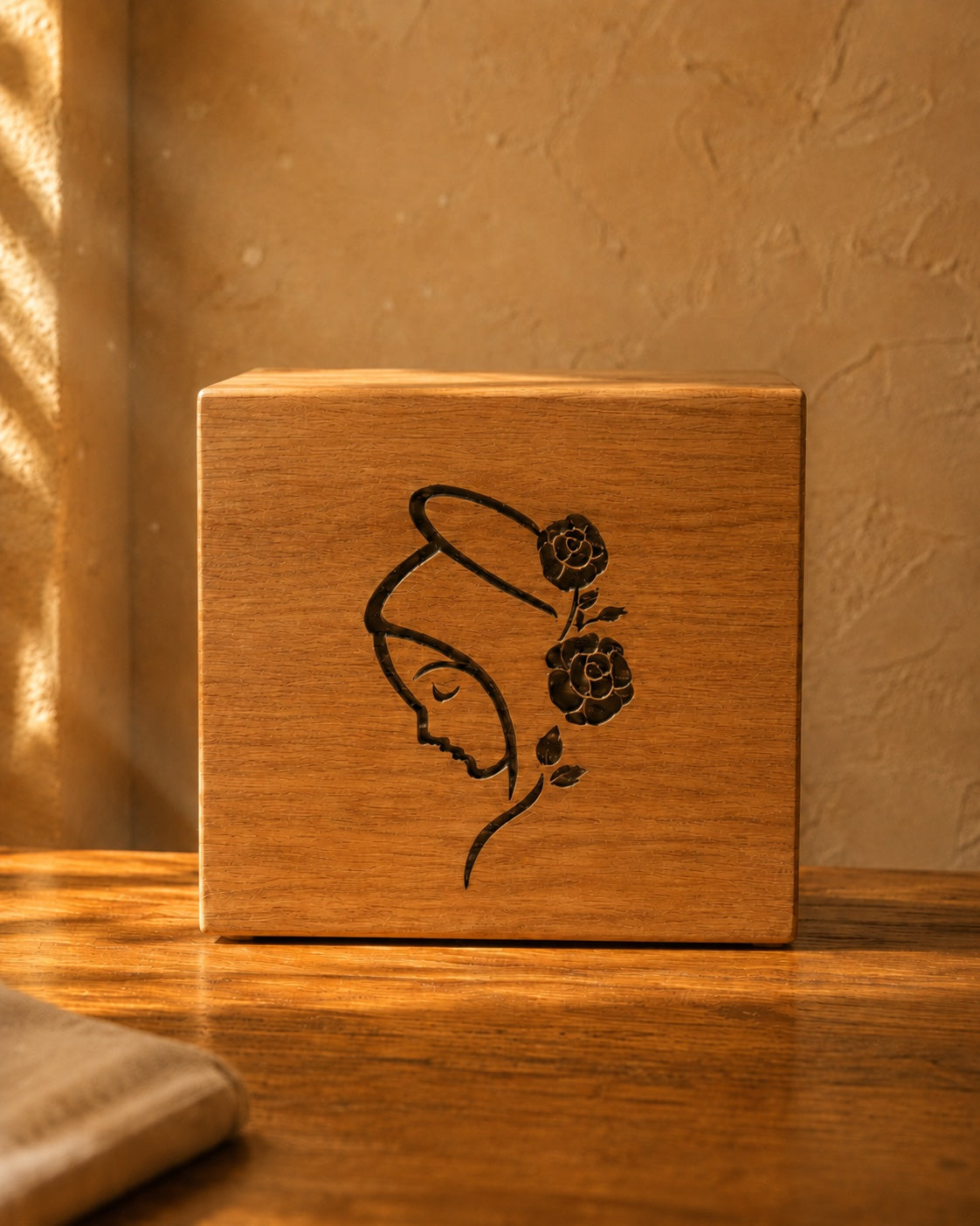 Amore Eterno oak cremation urn with Madonna and Roses engraving